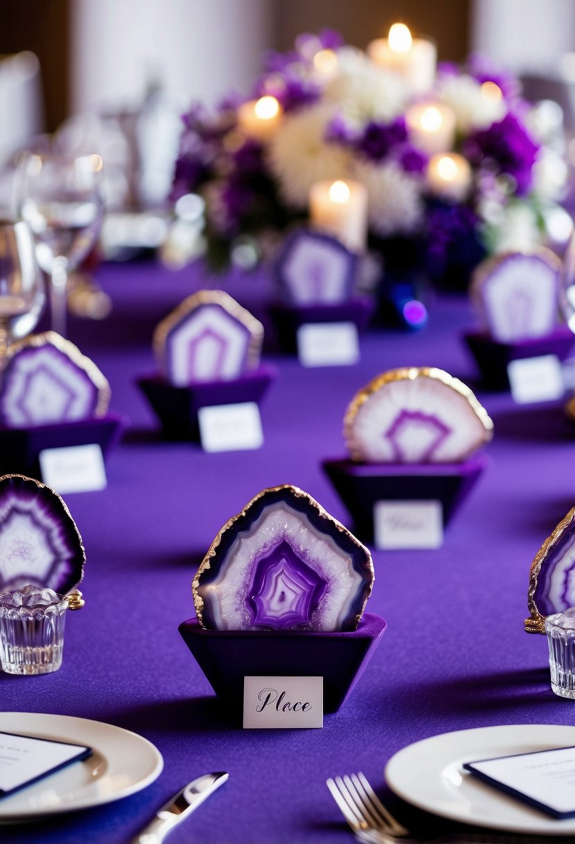 A cluster of purple geode place card holders arranged on a table with elegant purple wedding decor