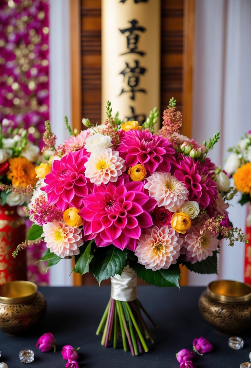 A vibrant dahlia bouquet with delicate Japanese florals, set against a backdrop of traditional wedding decor