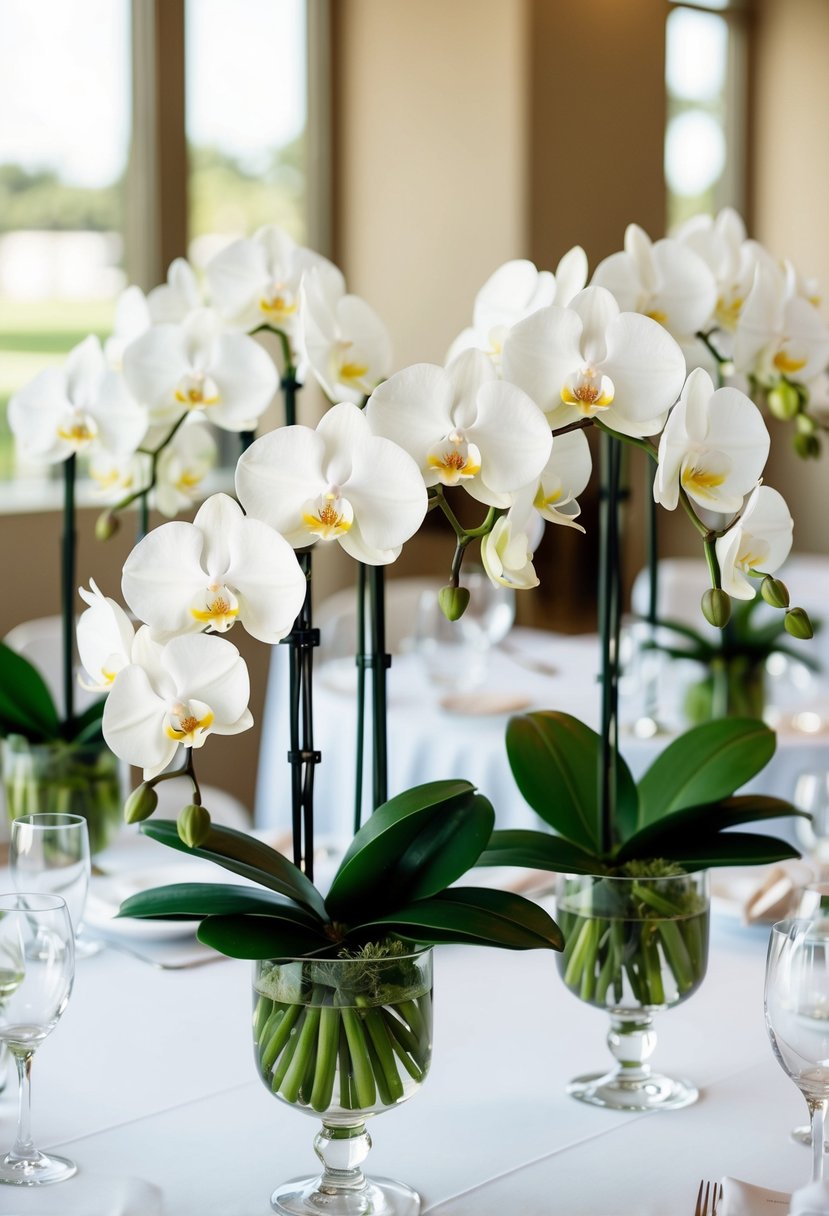 White orchids in glass vases adorn a wedding table, creating an elegant and sophisticated centerpiece