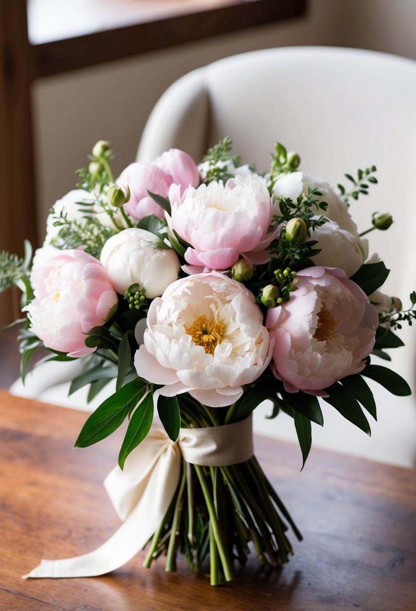 A delicate bouquet of lush peonies in soft pinks and whites, accented with greenery and tied with a silk ribbon, sits on a wooden table