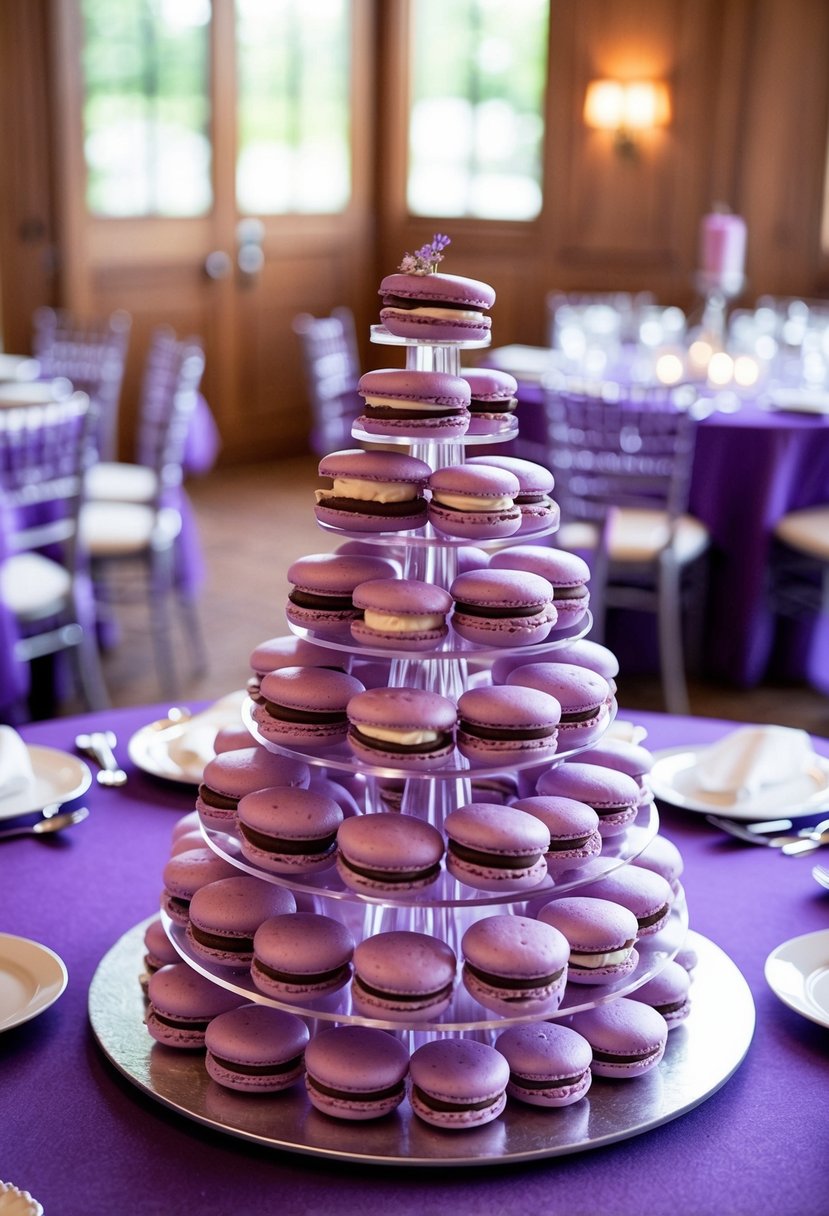 Lavender macaron towers arranged as table decorations for a purple-themed wedding