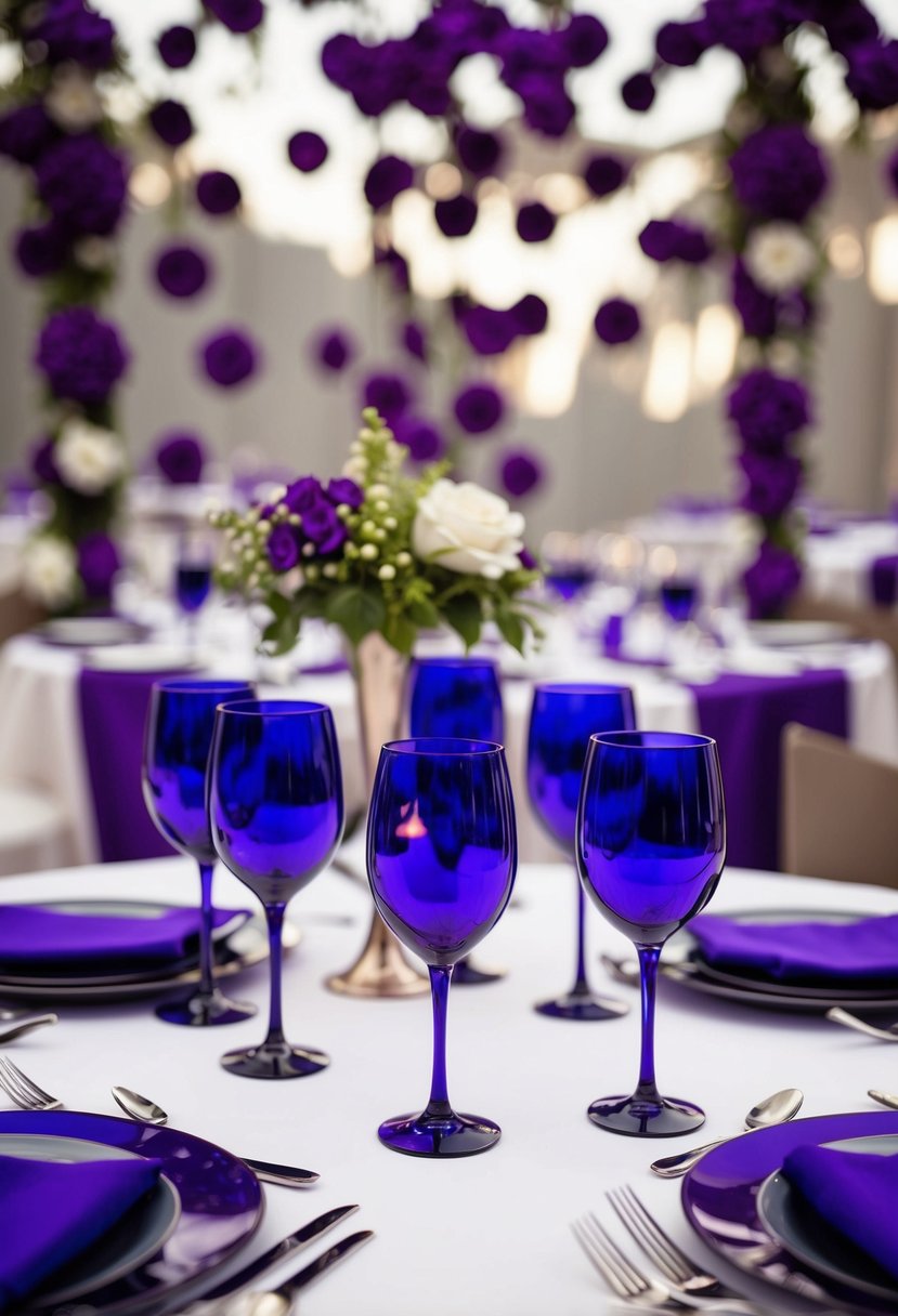 A table set with indigo wine glasses and purple decor for a wedding