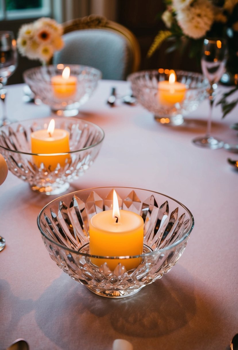 Crystal bowls hold floating candles, casting a warm glow on an elegant wedding table