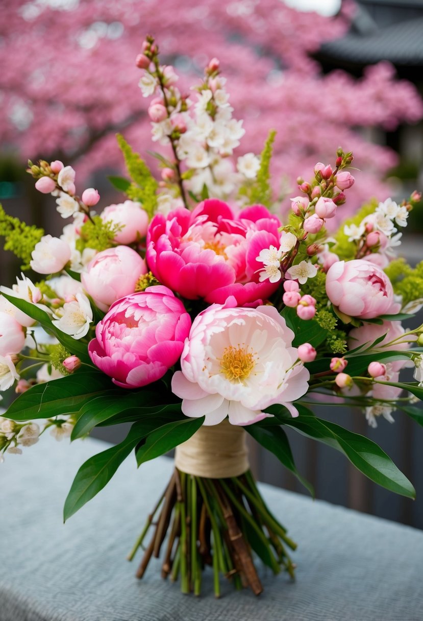 A vibrant bouquet of cherry blossoms, peonies, and delicate greenery arranged in a traditional Japanese style