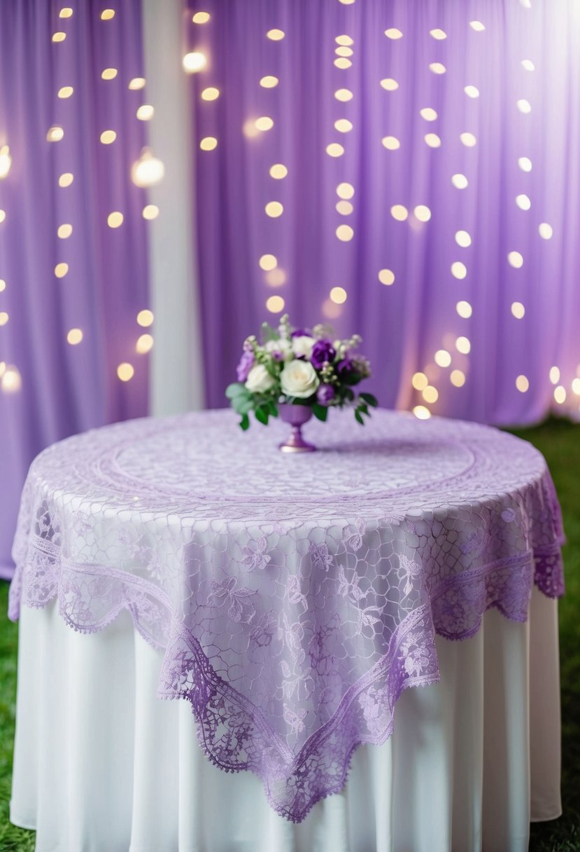 A delicate lilac lace table overlay adorns a round wedding table, adding a touch of elegance and romance to the purple-themed decor