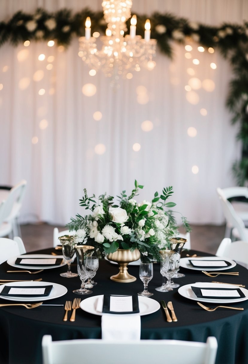 A chic black and white table setting with elegant wedding decorations