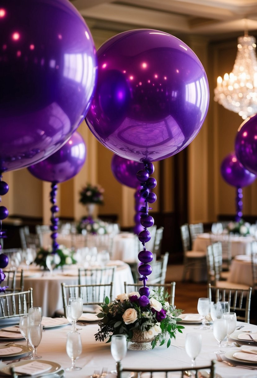 A regal scene with royal purple balloon centerpieces adorning elegant wedding tables