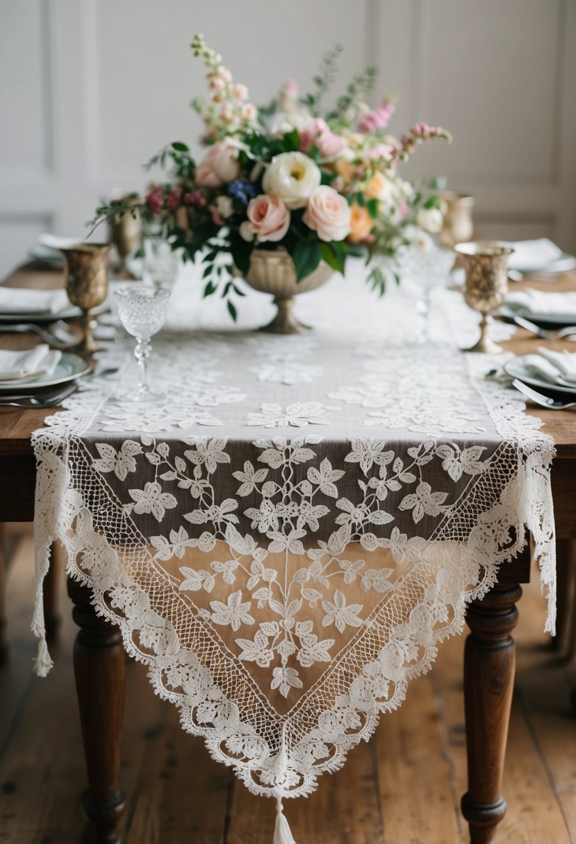 A vintage-inspired lace tablecloth drapes elegantly over a wooden table, adorned with delicate floral centerpieces and antique silverware