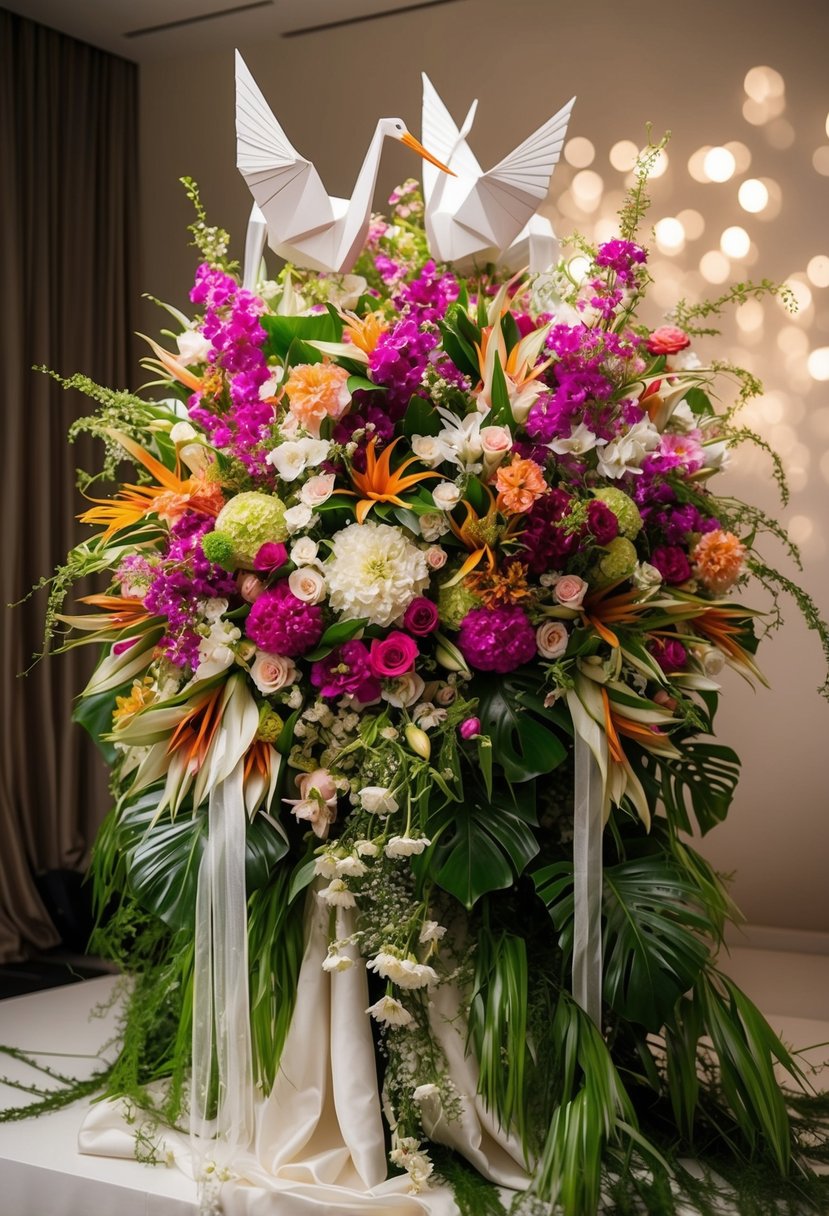 A lavish, oversized Japanese wedding bouquet bursting with vibrant, exotic flowers and cascading greenery, accented with intricate origami cranes and delicate ribbons