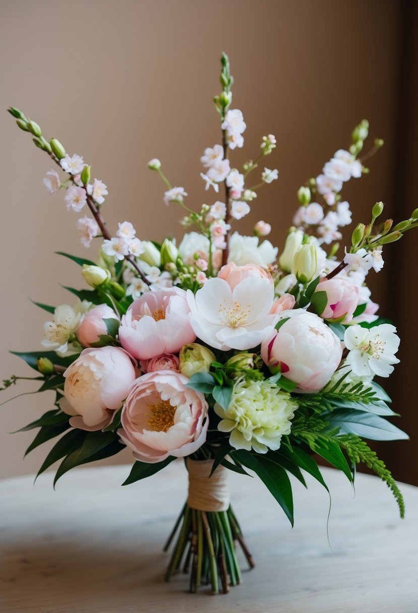 A Japanese wedding bouquet featuring unique floral shapes, with delicate cherry blossoms, peonies, and traditional greenery