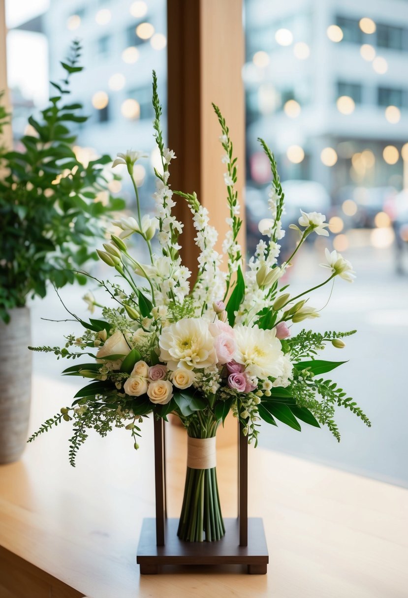 A traditional Japanese wedding bouquet arranged in the Ikebana style with delicate flowers and elegant greenery, displayed on a simple wooden stand