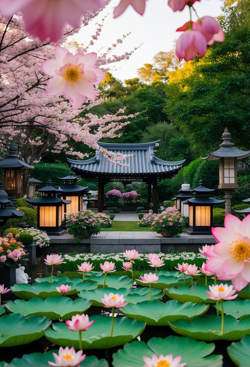 A serene garden with cherry blossoms and lotus flowers, surrounded by traditional Japanese lanterns and Western-style floral arrangements