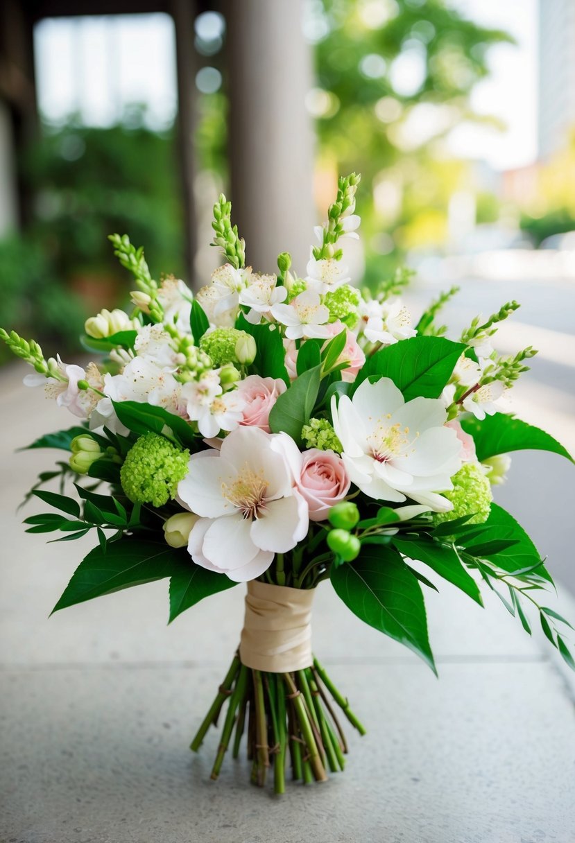 A Japanese wedding bouquet with green elements for freshness, featuring delicate cherry blossoms and lush foliage