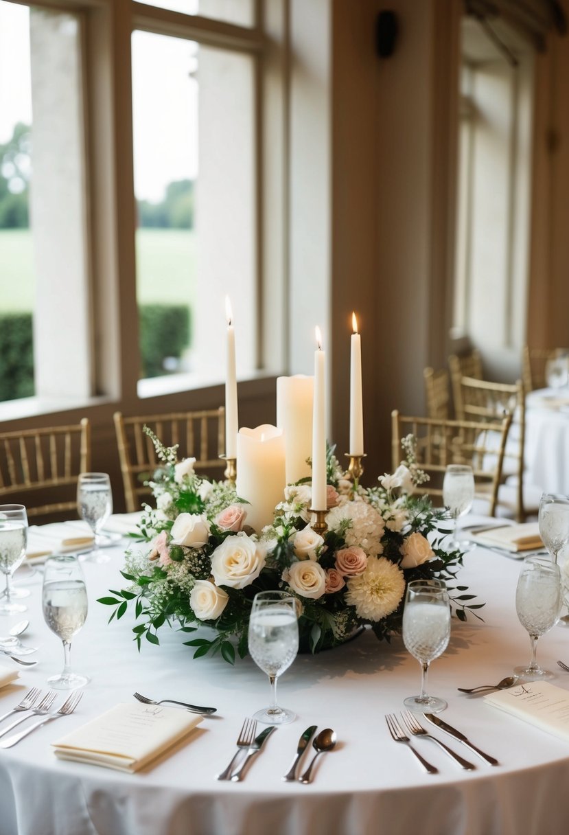 A round wedding table adorned with elegant floral centerpieces and delicate candle arrangements