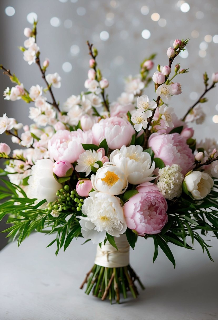 A delicate arrangement of cherry blossoms, peonies, and greenery in a traditional Japanese wedding bouquet