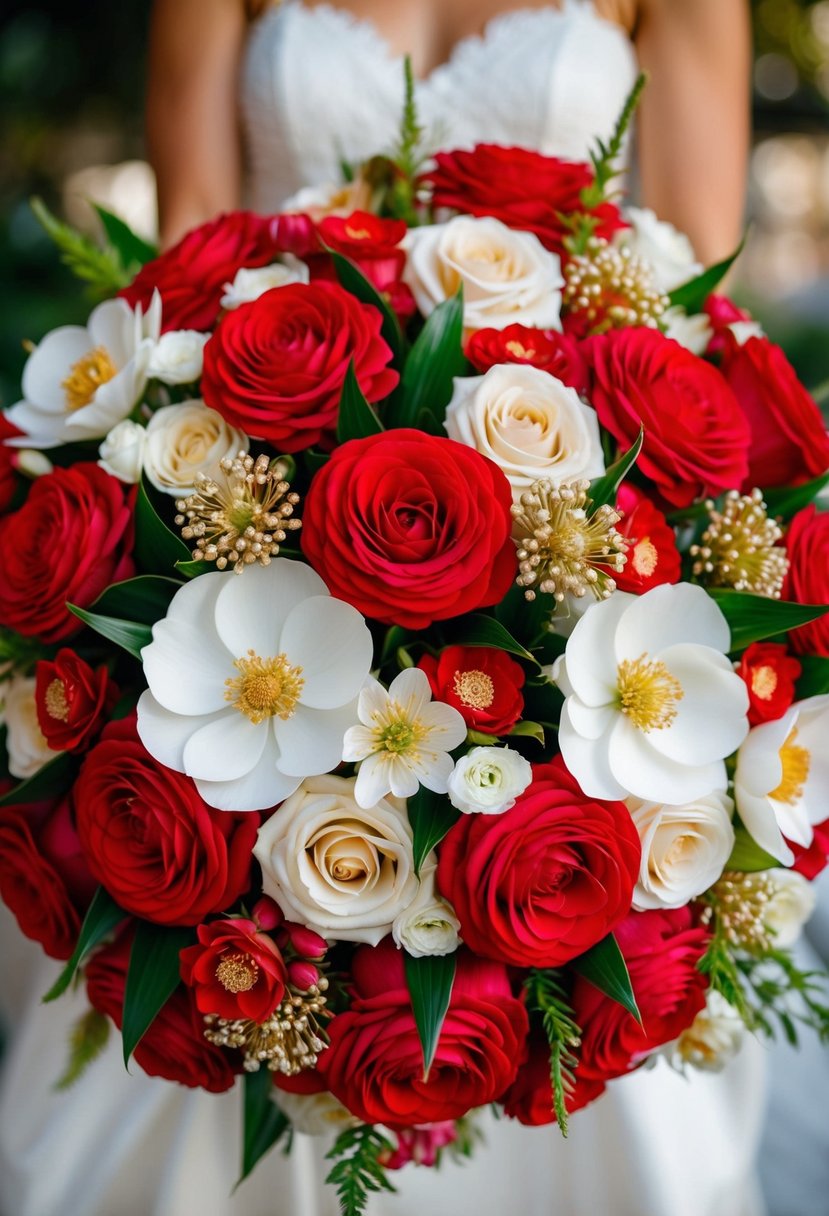 A vibrant Japanese wedding bouquet featuring bold color schemes of red, white, and gold flowers arranged in an elegant and traditional style