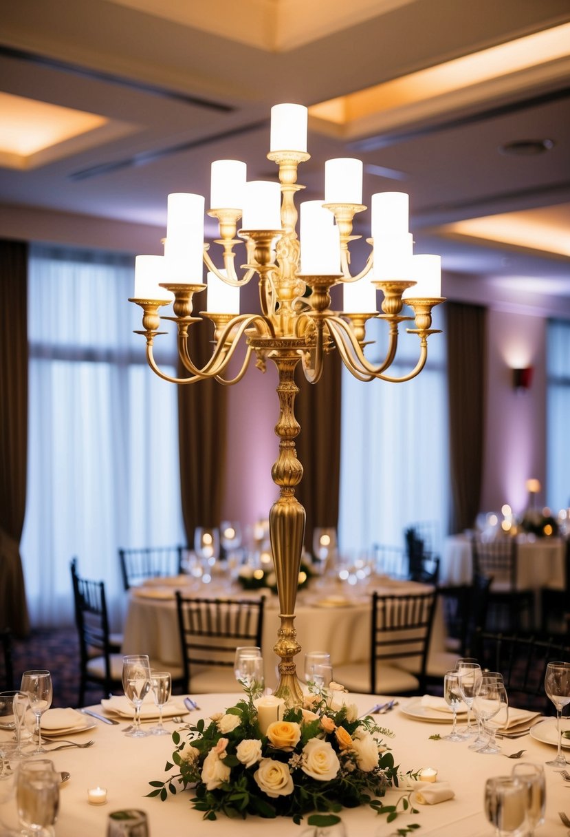 An elegant candelabra illuminates a round wedding table with floral decorations