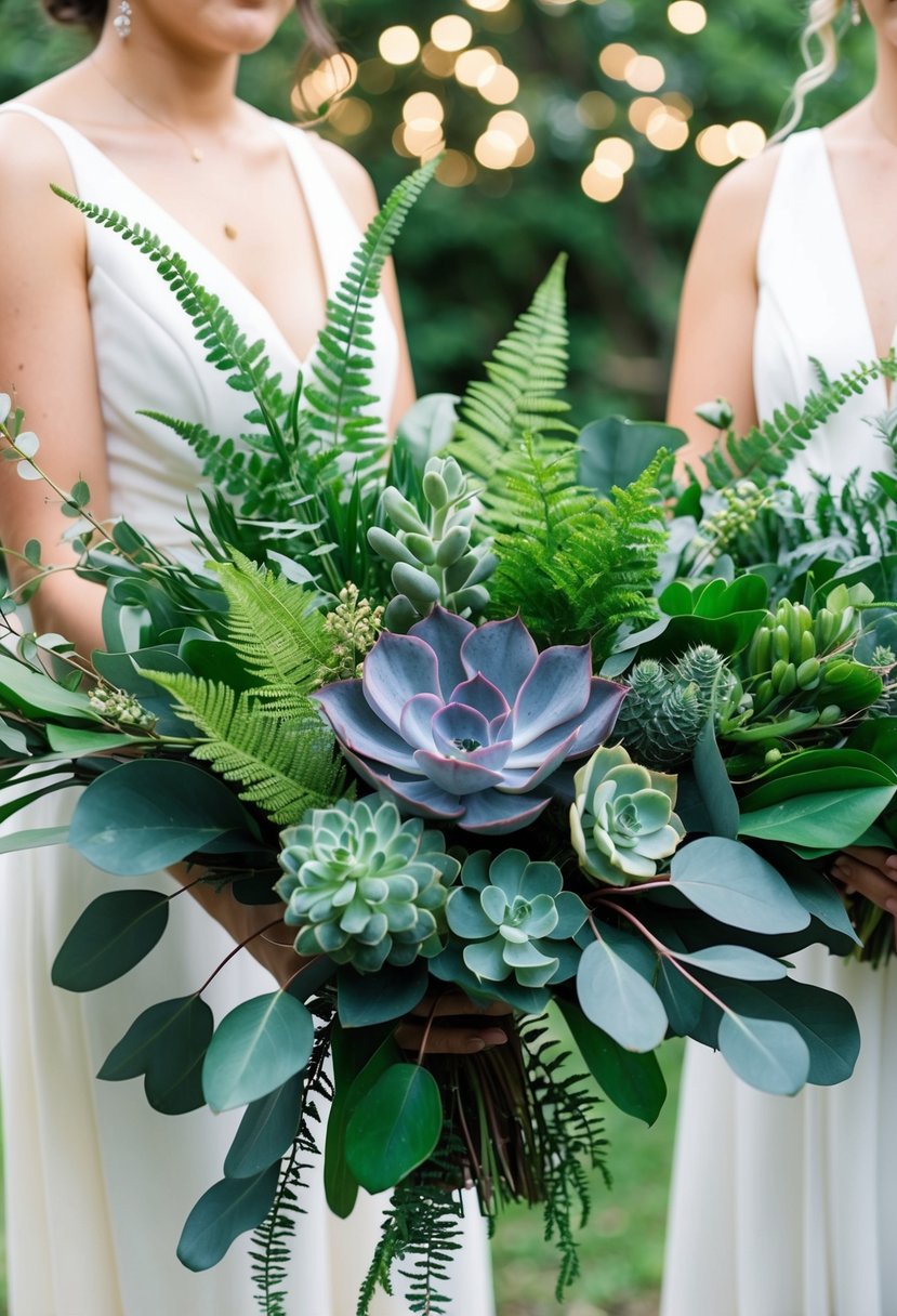 A lush wedding bouquet of various greenery, including eucalyptus, ferns, and succulents, arranged in a natural, organic style