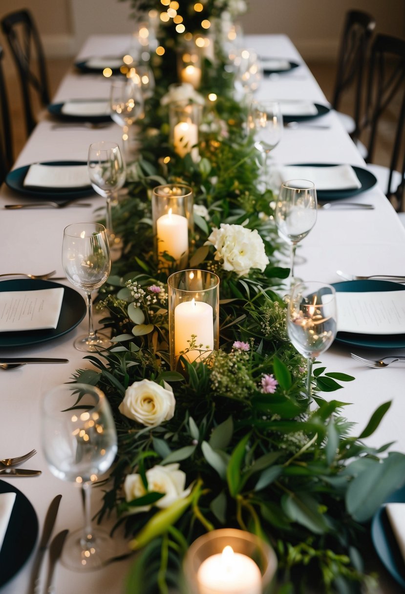 Lush greenery runners wind around a wedding table, intertwined with delicate florals and accented with twinkling fairy lights