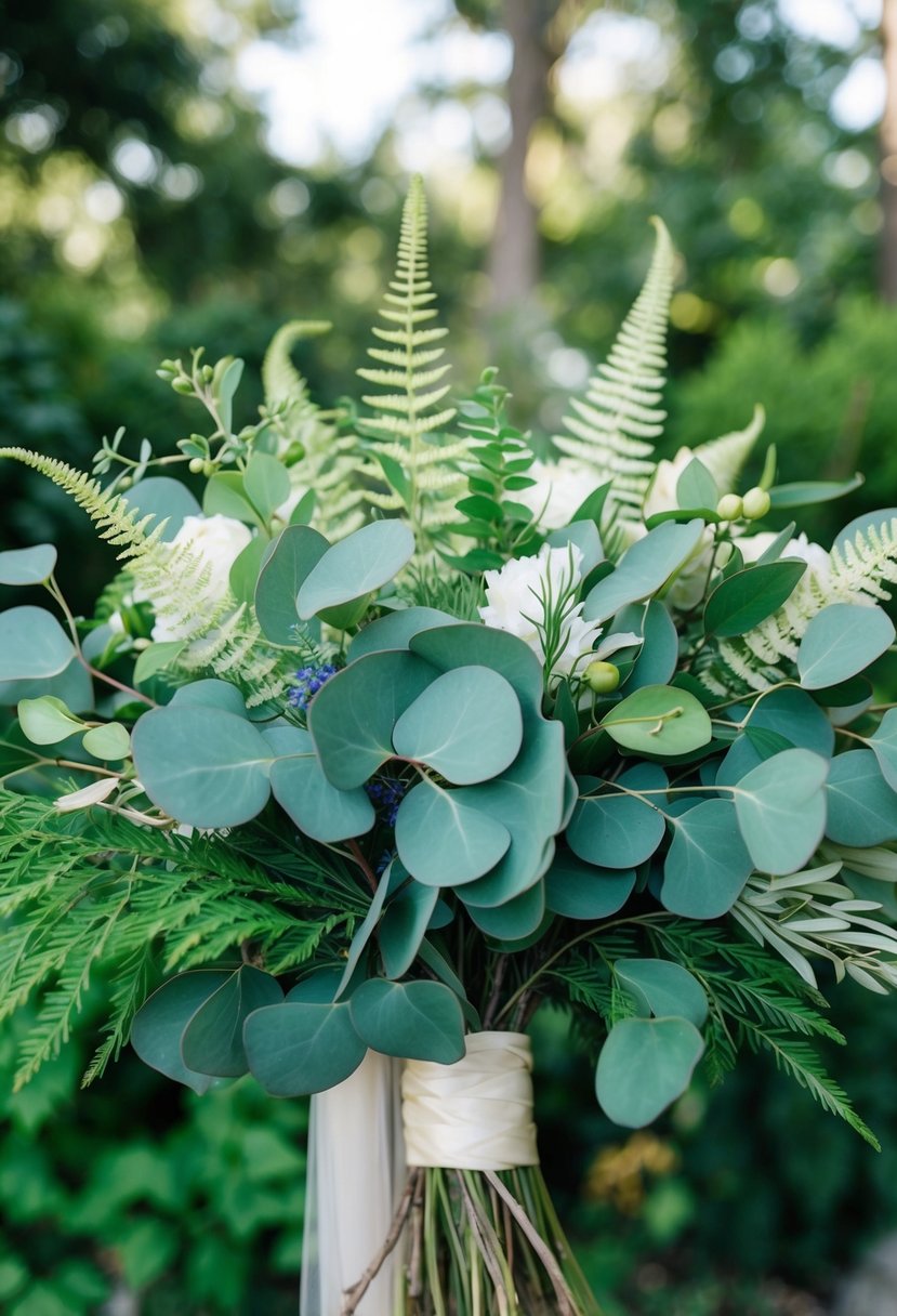 A lush, vibrant bouquet of eucalyptus and ferns, intertwined with delicate greenery, creating a natural and elegant wedding bouquet