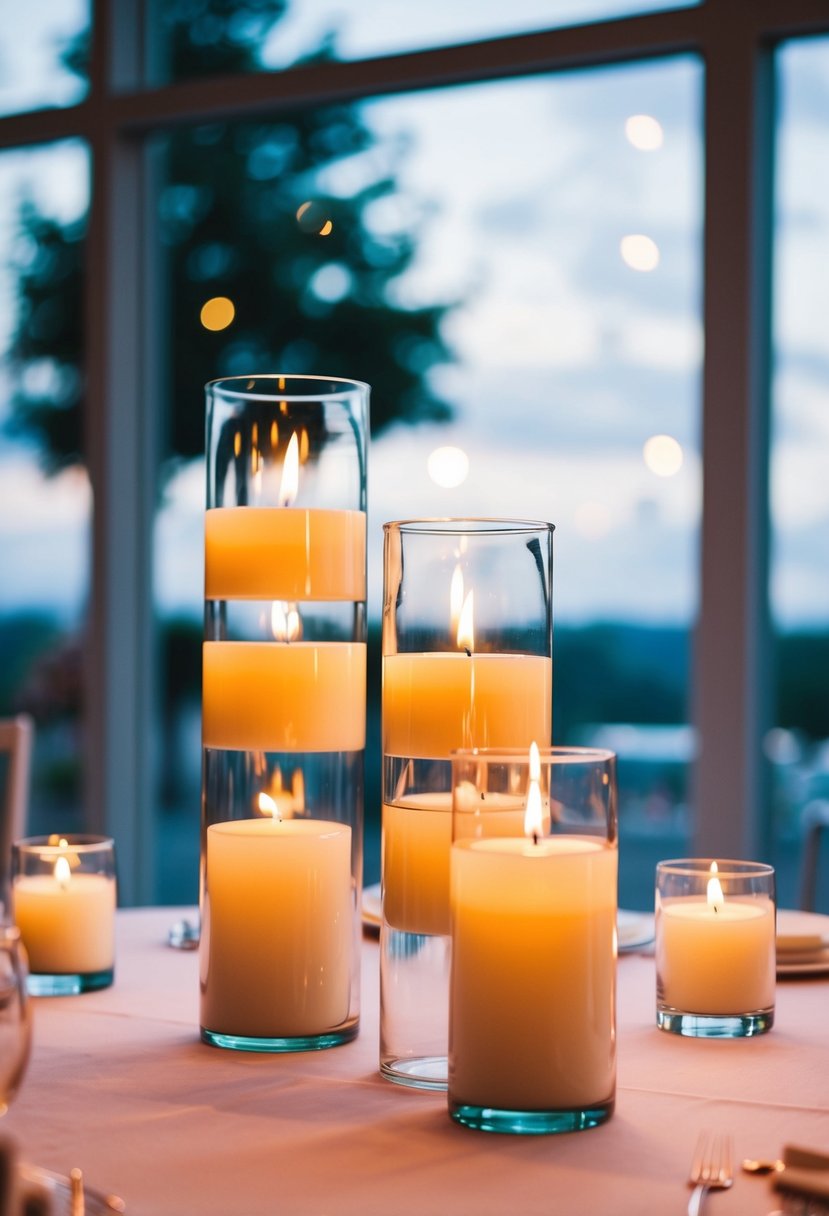 Glass cylinders hold floating candles on a round wedding table