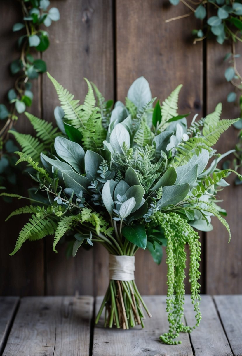 A lush bouquet of sage and greenery, with delicate ferns and cascading vines, set against a rustic wooden backdrop