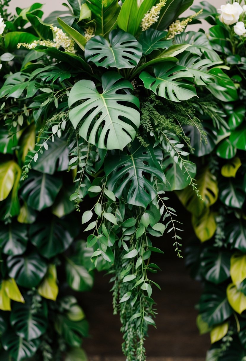 A lush cascade of monstera leaves and greenery, arranged in a wedding bouquet