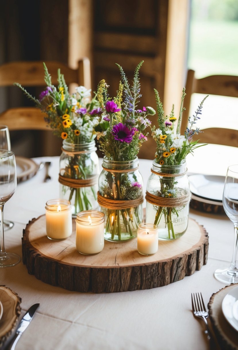 Rustic wooden slabs adorned with mason jars filled with wildflowers and candles, creating a charming and cozy wedding table setting