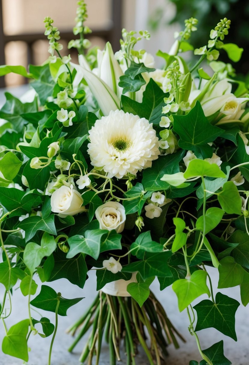 A lush bouquet of green ivy vines and leaves intertwined with delicate white flowers, creating a natural and elegant wedding arrangement