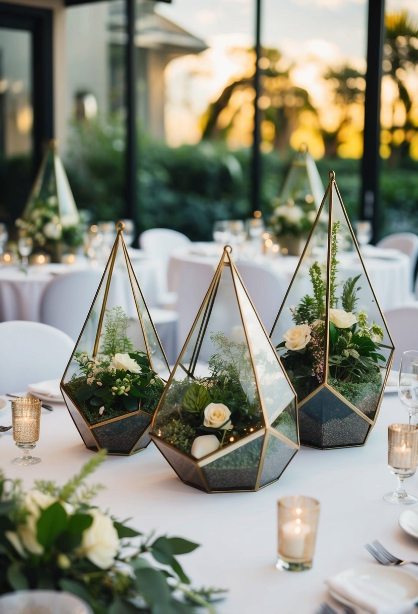 Geometric terrariums arranged as centerpieces on round wedding tables, filled with lush greenery and delicate flowers, creating a modern and elegant decoration