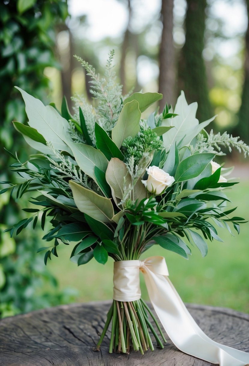 A lush wedding bouquet with dusty miller and bay leaves, intertwined with greenery and tied with a satin ribbon