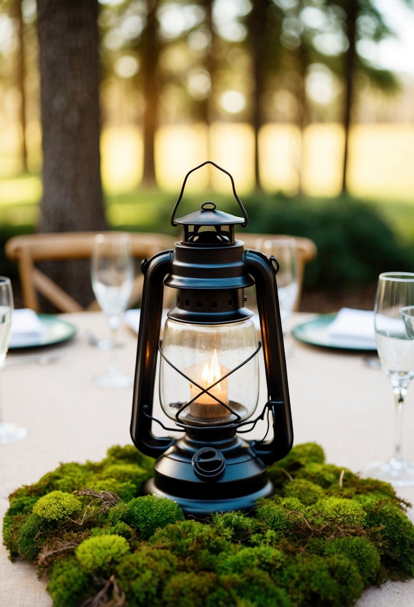 A vintage lantern sits amidst moss on a rustic wedding table