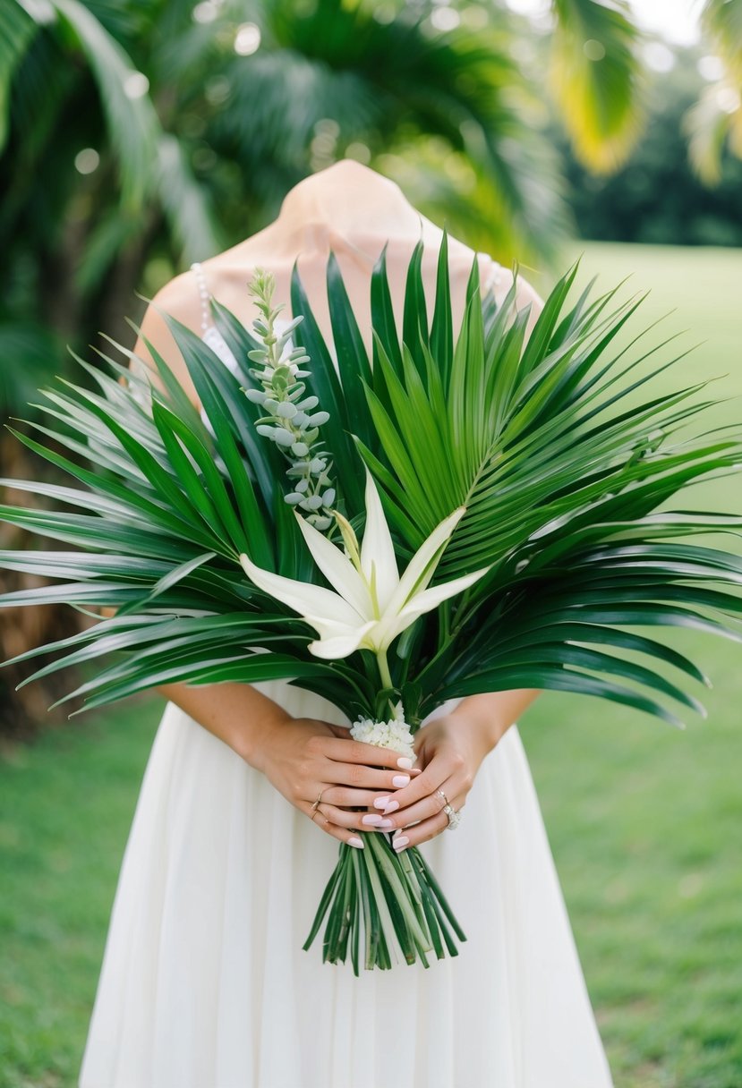 Lush palm leaves and tropical greenery arranged in a wedding bouquet