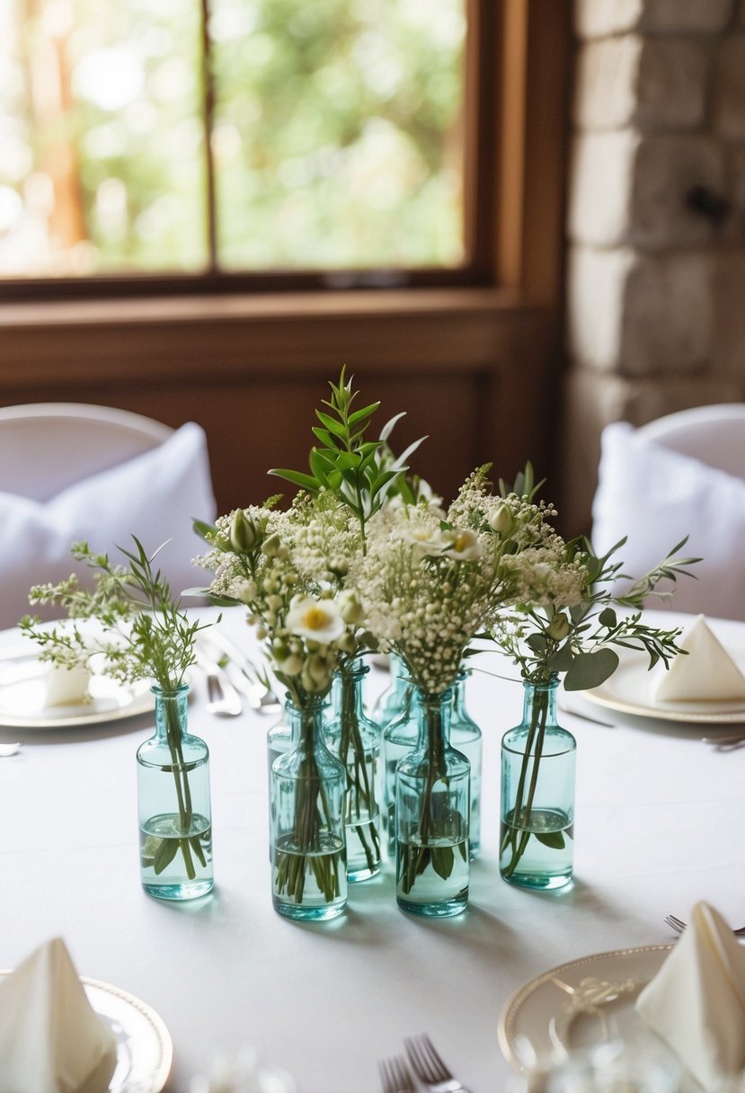 A cluster of small bud vases arranged on a round wedding table, filled with delicate flowers and greenery