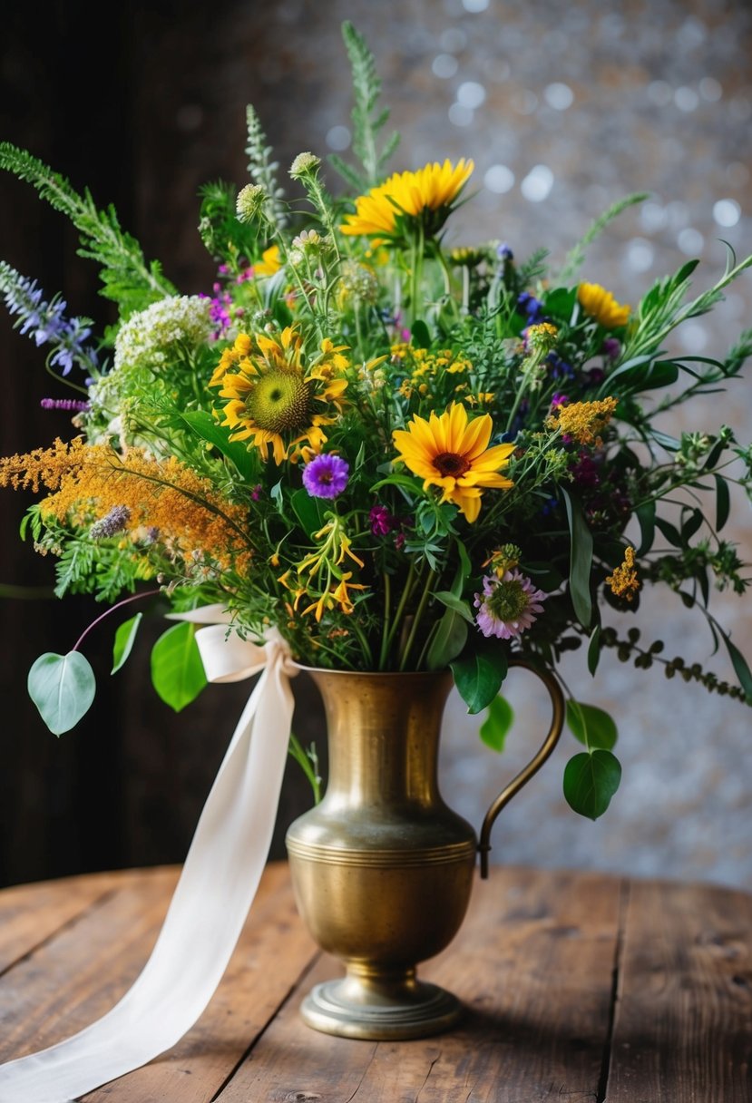 A vibrant bouquet of wildflowers and greenery, tied with a flowing ribbon, sits in a vintage brass vase on a rustic wooden table