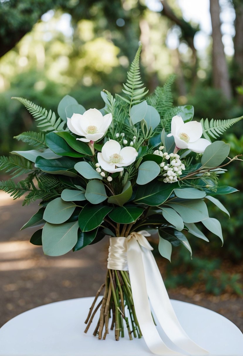 A lush bouquet of magnolia leaves, eucalyptus, and ferns, accented with delicate white flowers, tied with a flowing silk ribbon