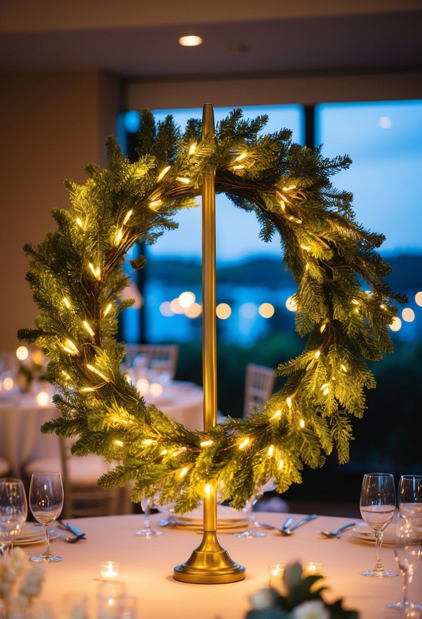 A wreath of LED fairy lights adorns a wedding table, casting a warm glow over the elegant centerpiece