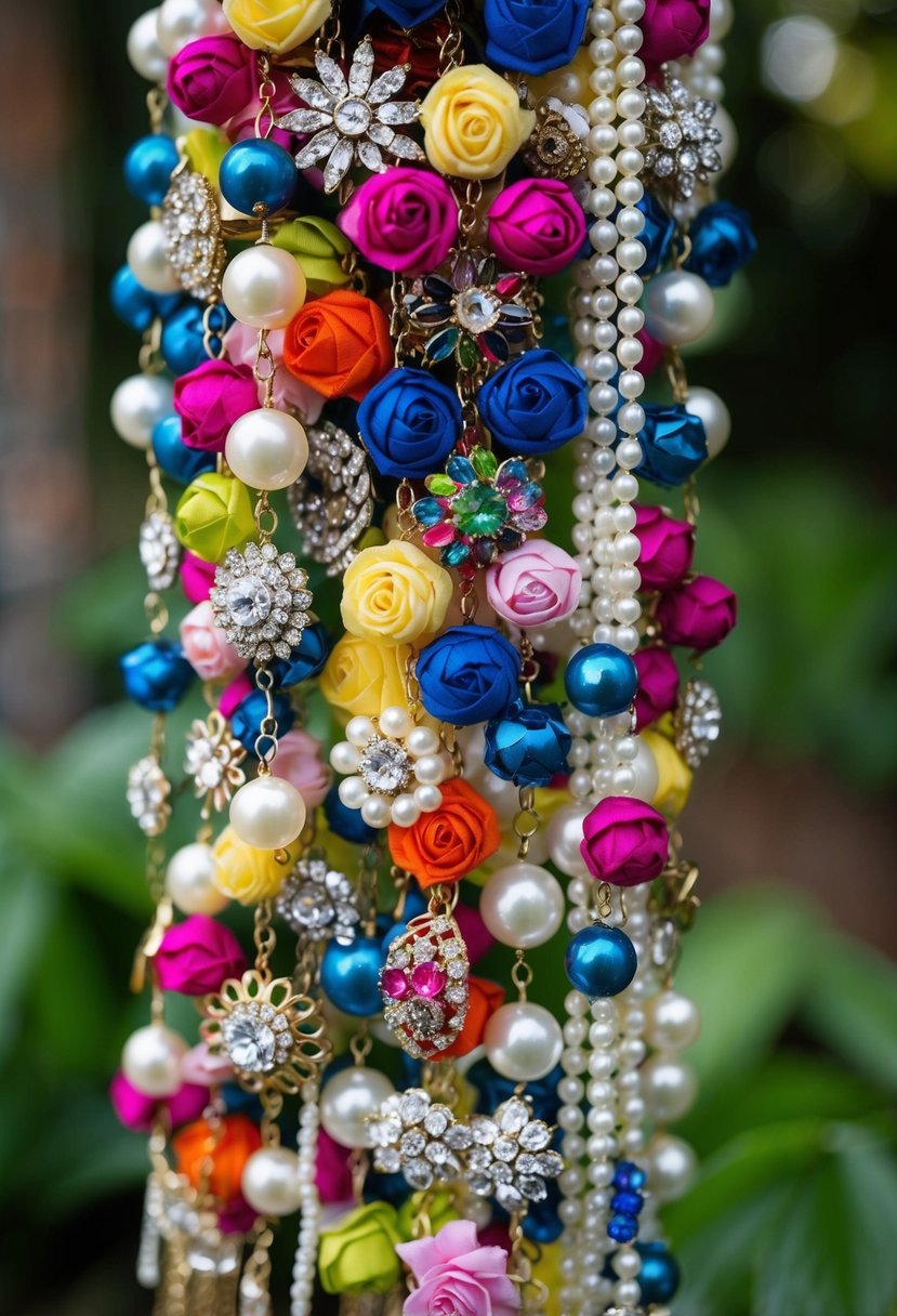 A colorful assortment of brooches, pearls, and fabric flowers arranged in a cascading bouquet