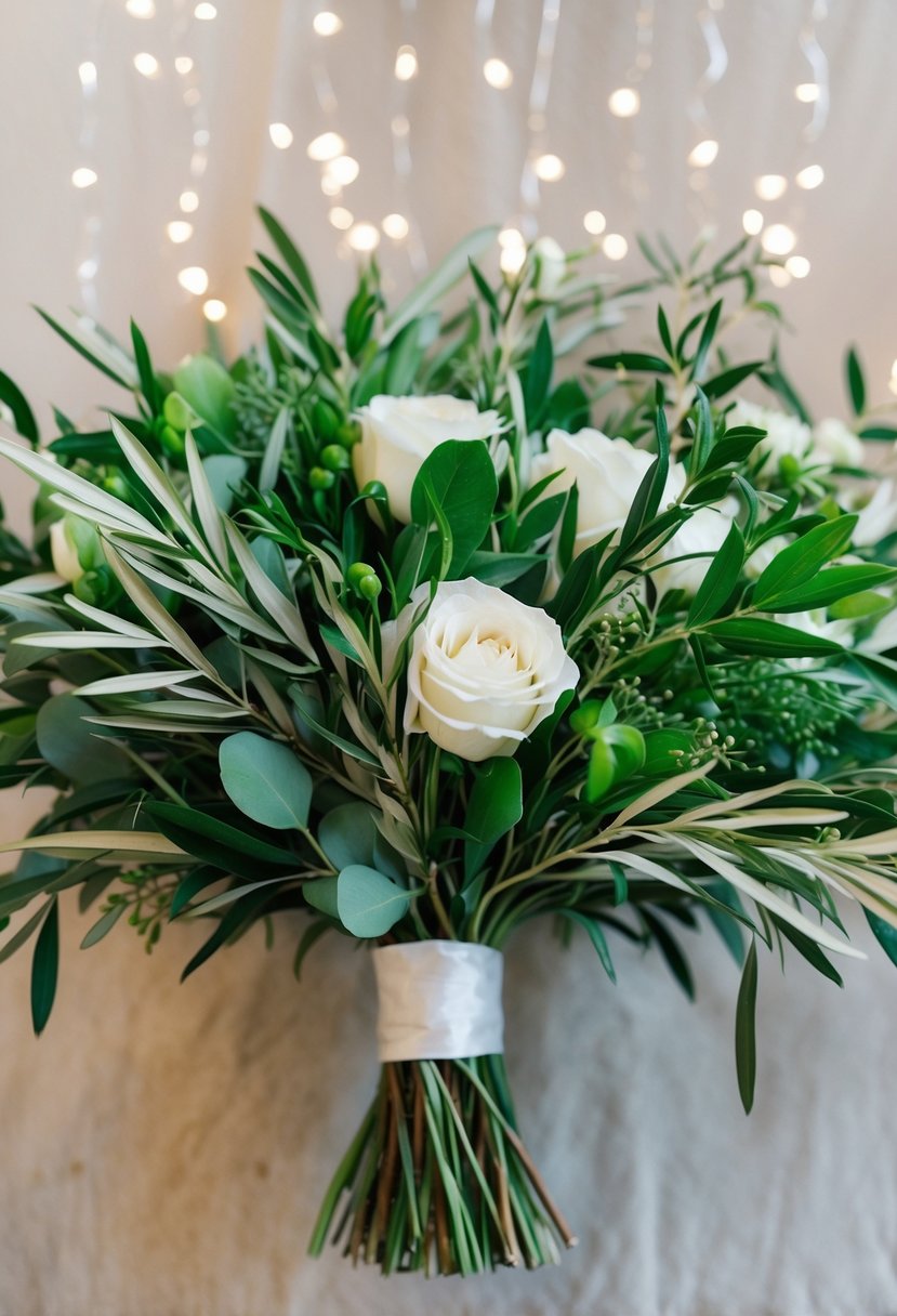 A lush greenery wedding bouquet with olive branch charm