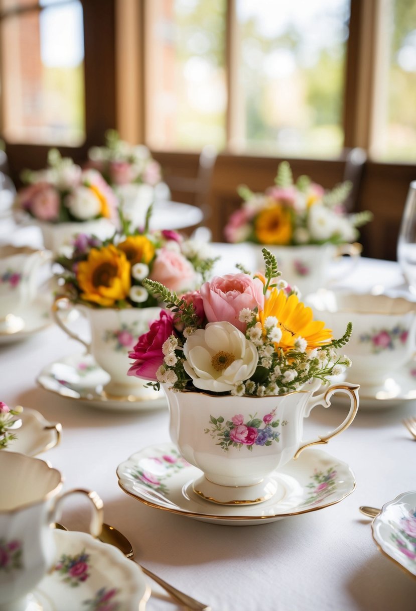 Floral-filled vintage teacups adorn wedding tables in a charming display