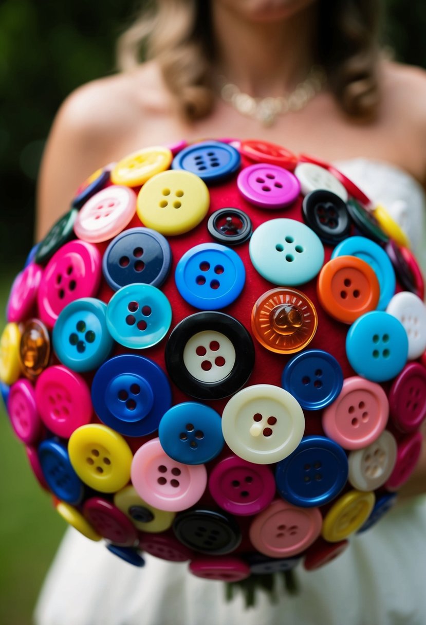 A collection of colorful buttons arranged in a bouquet-like fashion, with varying shapes and sizes, creating a unique and whimsical alternative to traditional wedding bouquets