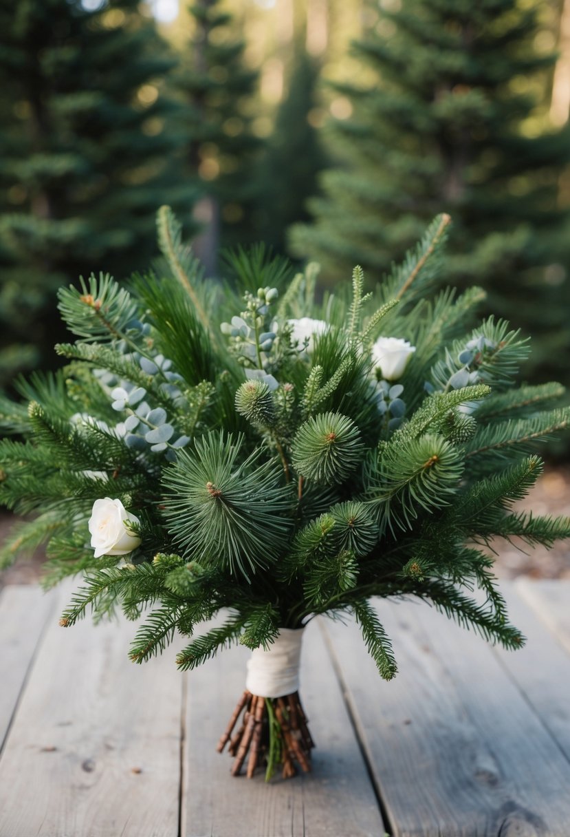 A lush, organic wedding bouquet of pine and juniper branches, with no flowers, arranged in a loose, natural style