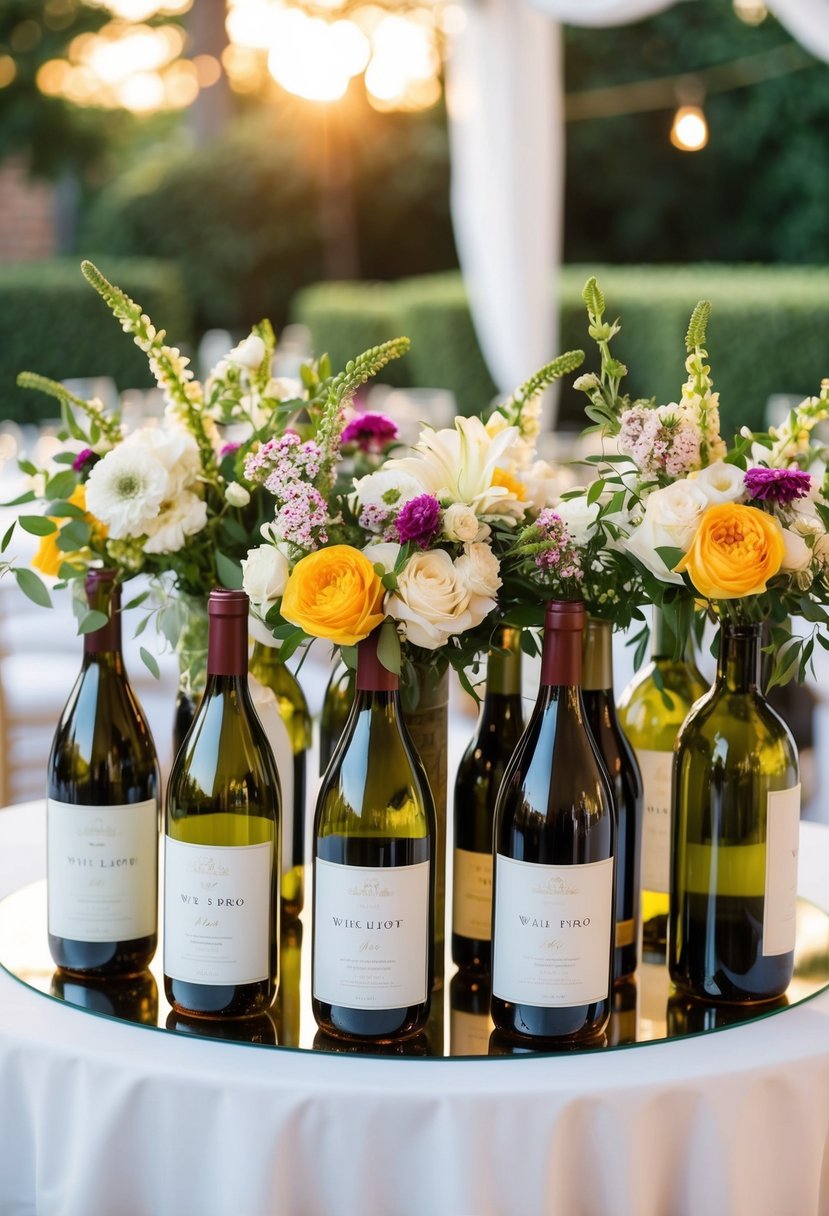 Wine bottles filled with flowers arranged on a round wedding table