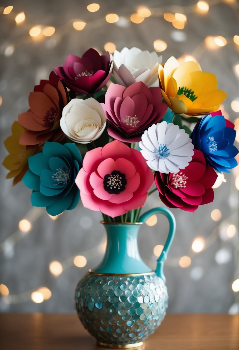 A bouquet of paper flowers in various sizes and colors, arranged in a decorative vase