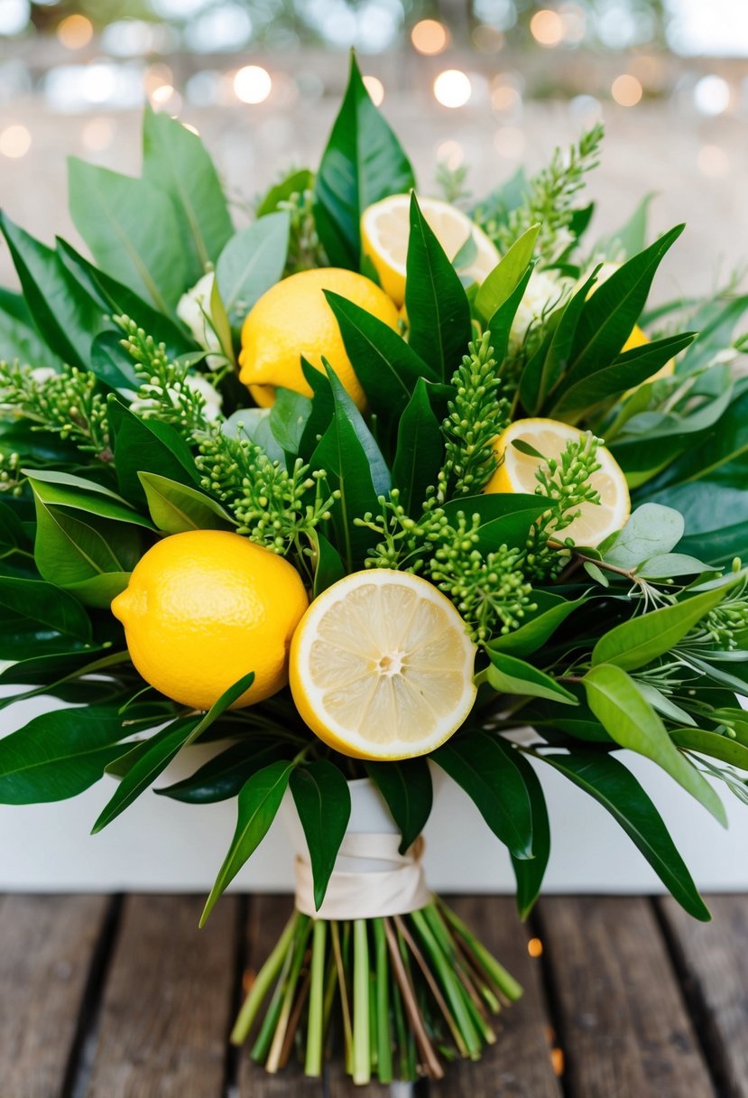 Fresh lemon leaves and bursts of greenery arranged in a wedding bouquet