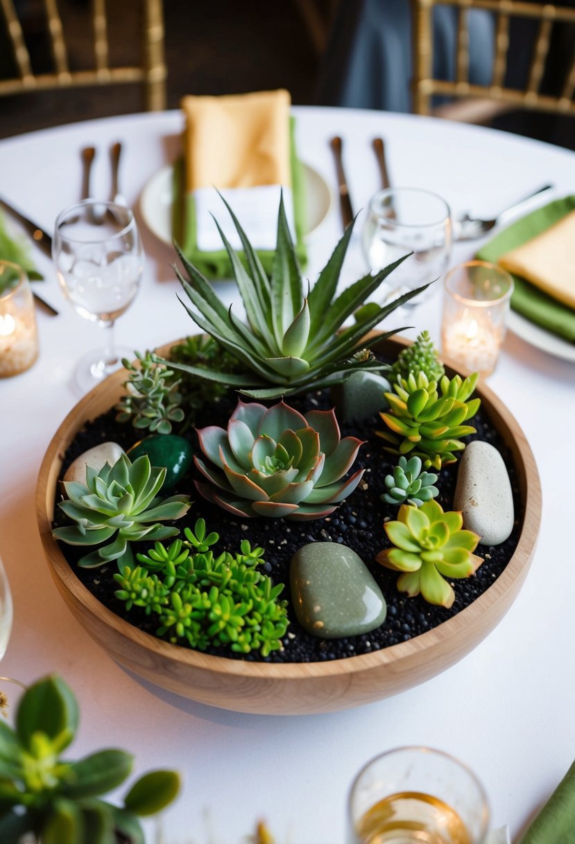 A round wedding table adorned with a lush succulent mini garden centerpiece, complete with a variety of vibrant green plants and decorative stones