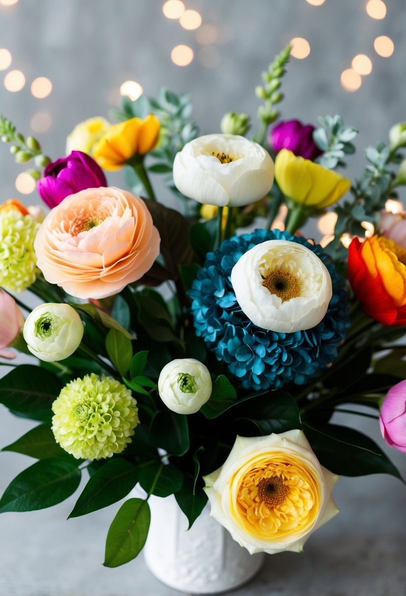 A collection of silk flowers in various colors and sizes arranged in a stylish and elegant bouquet