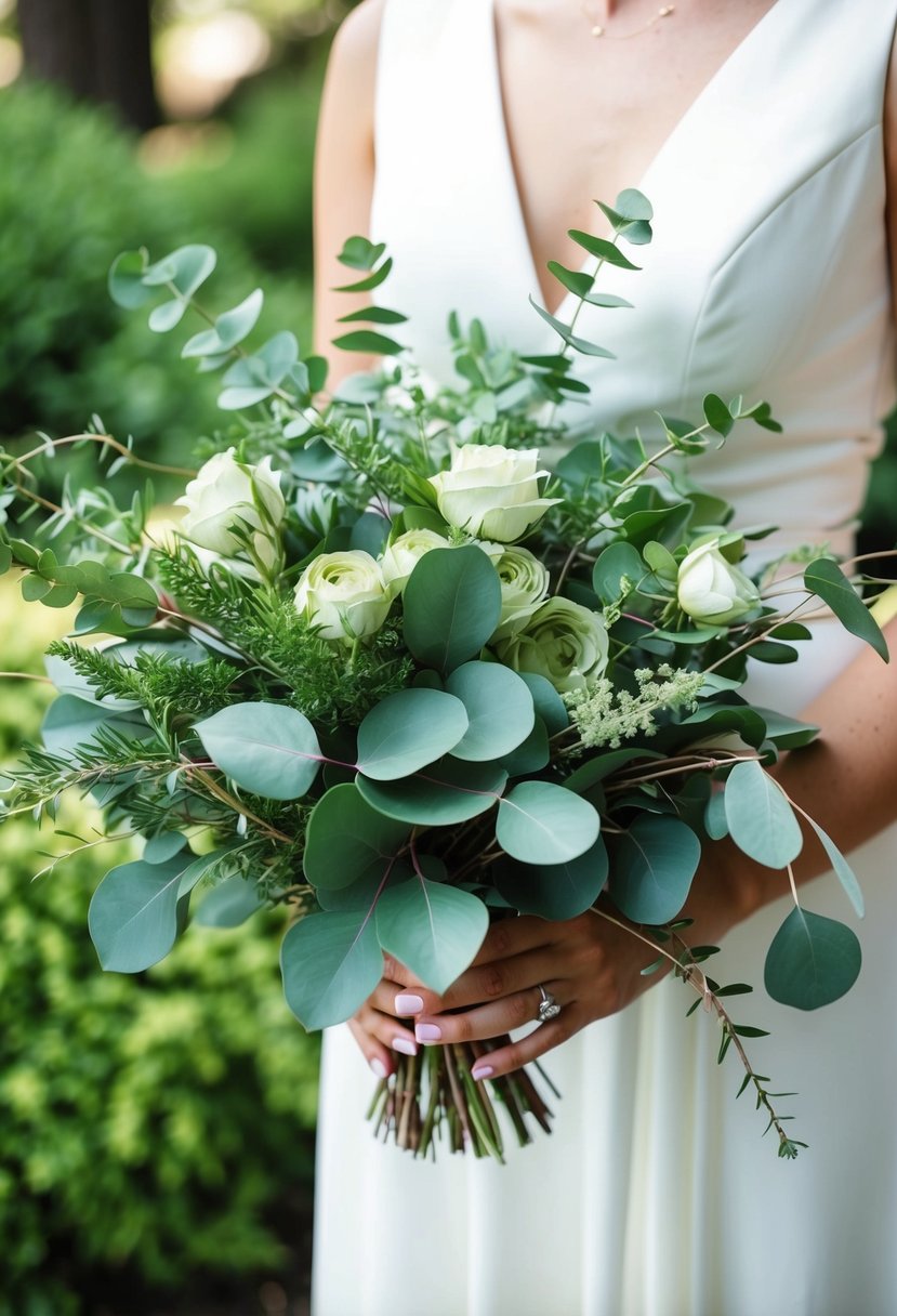 A lush bouquet of swirling ruscus and eucalyptus leaves, creating an elegant and natural greenery wedding bouquet