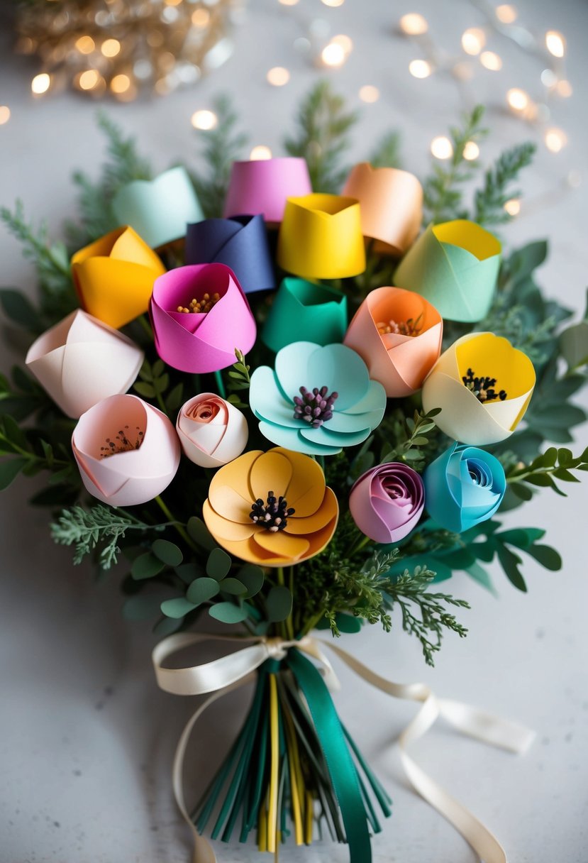 A collection of handmade paper flowers in various colors and sizes arranged in a bouquet, with greenery and ribbon accents