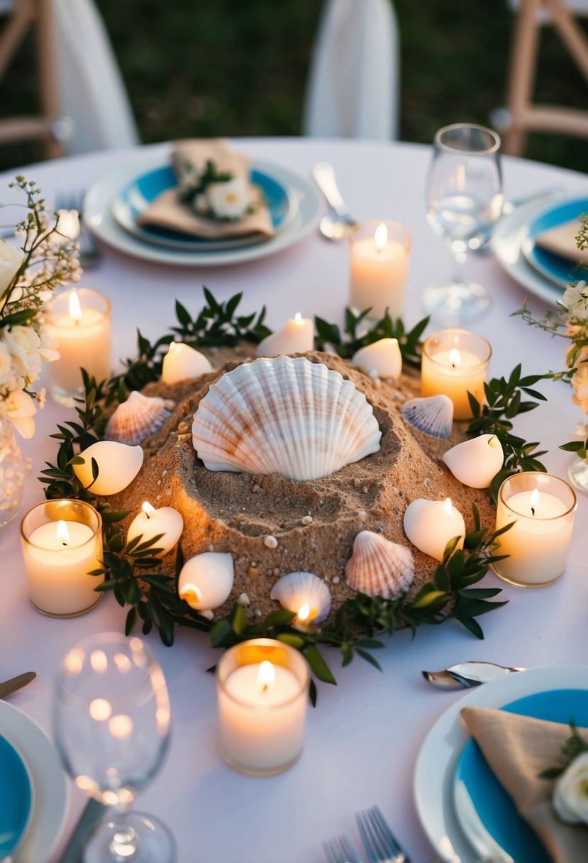 A seashell and sand centerpiece sits in the middle of a round wedding table, surrounded by flickering candles and delicate floral arrangements